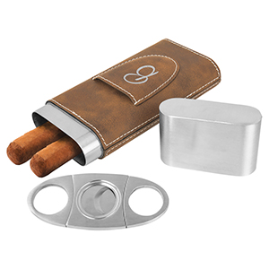 Laserable Leatherette Cigar Case with Cutter in Rustic Brown