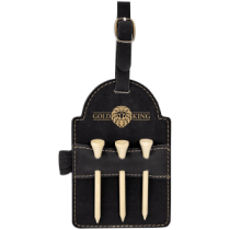 Black/Gold Laserable Leatherette Golf Bag Tag with 3 Wooden Tees