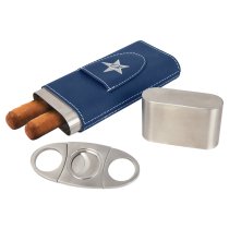 Laserable Leatherette Cigar Case with Cutter in Blue